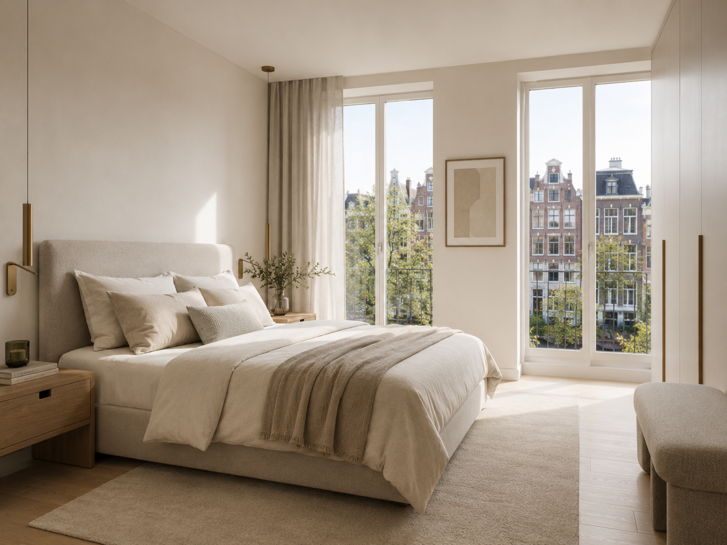 Reset bedroom with soft linens and a view over Amsterdam rooftops