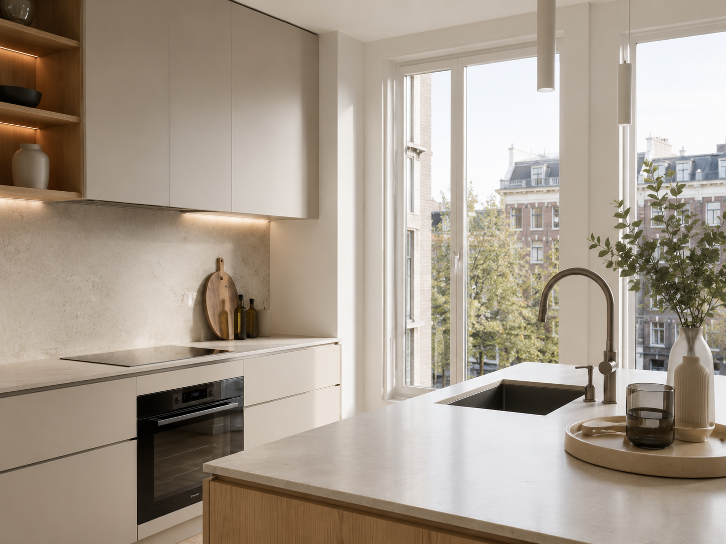 Bright reset kitchen with oak shelving and a view over Amsterdam canal houses