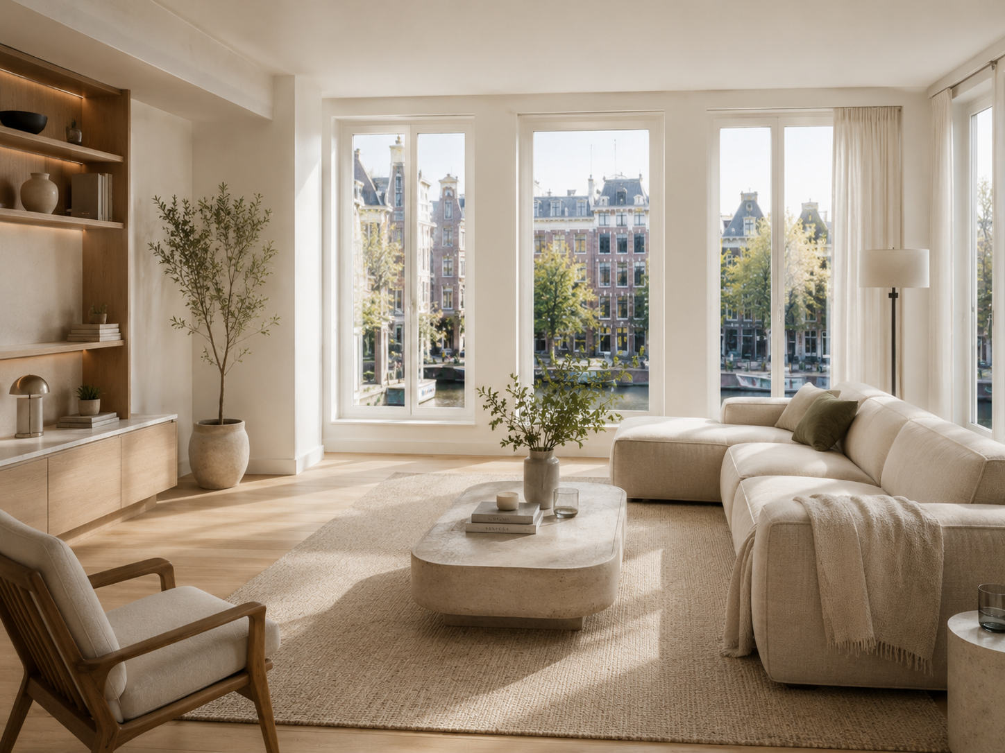 Reset living room with canal-house views in Amsterdam