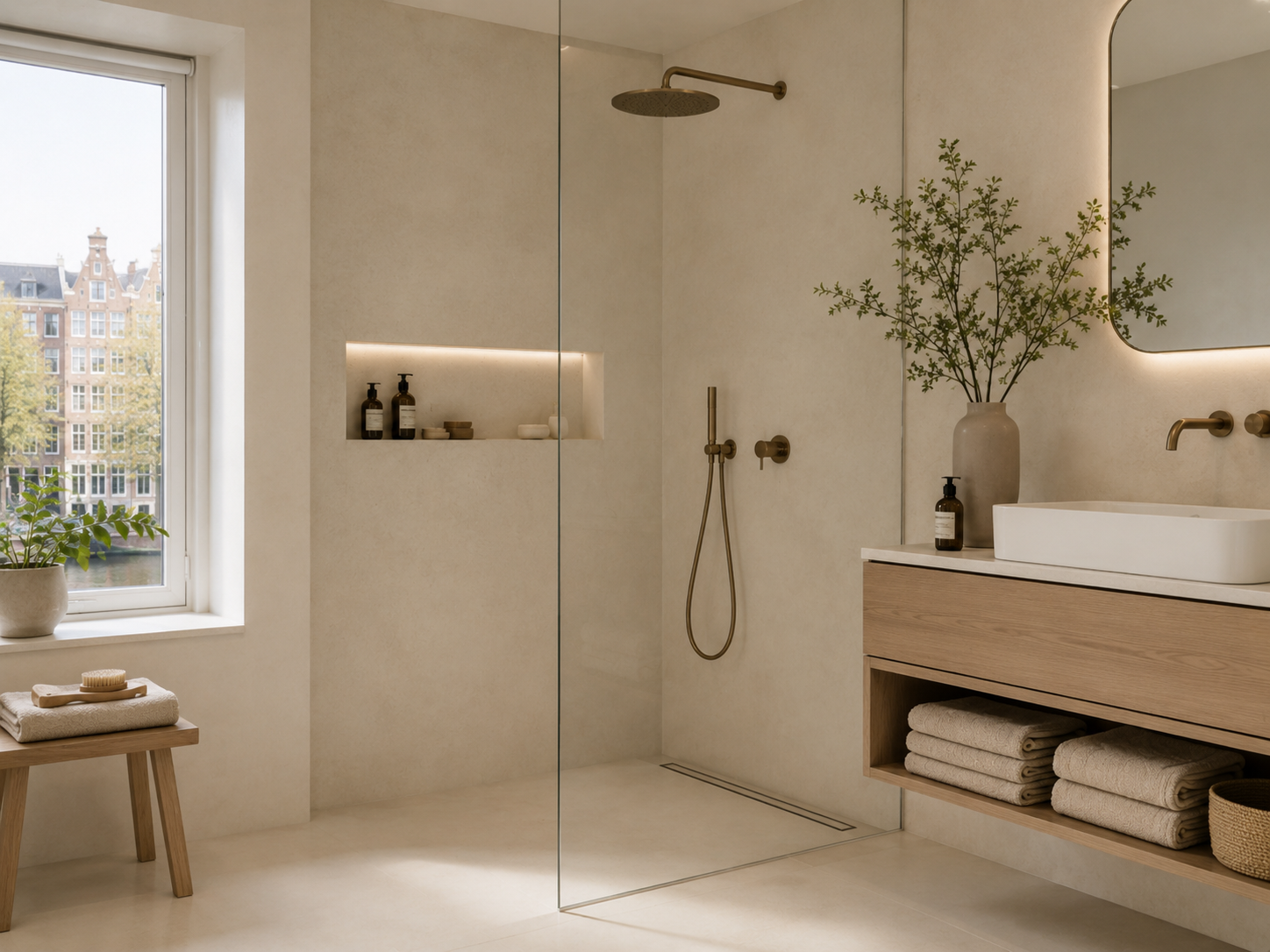Walk-in shower and vanity in a reset Amsterdam bathroom with brass fixtures