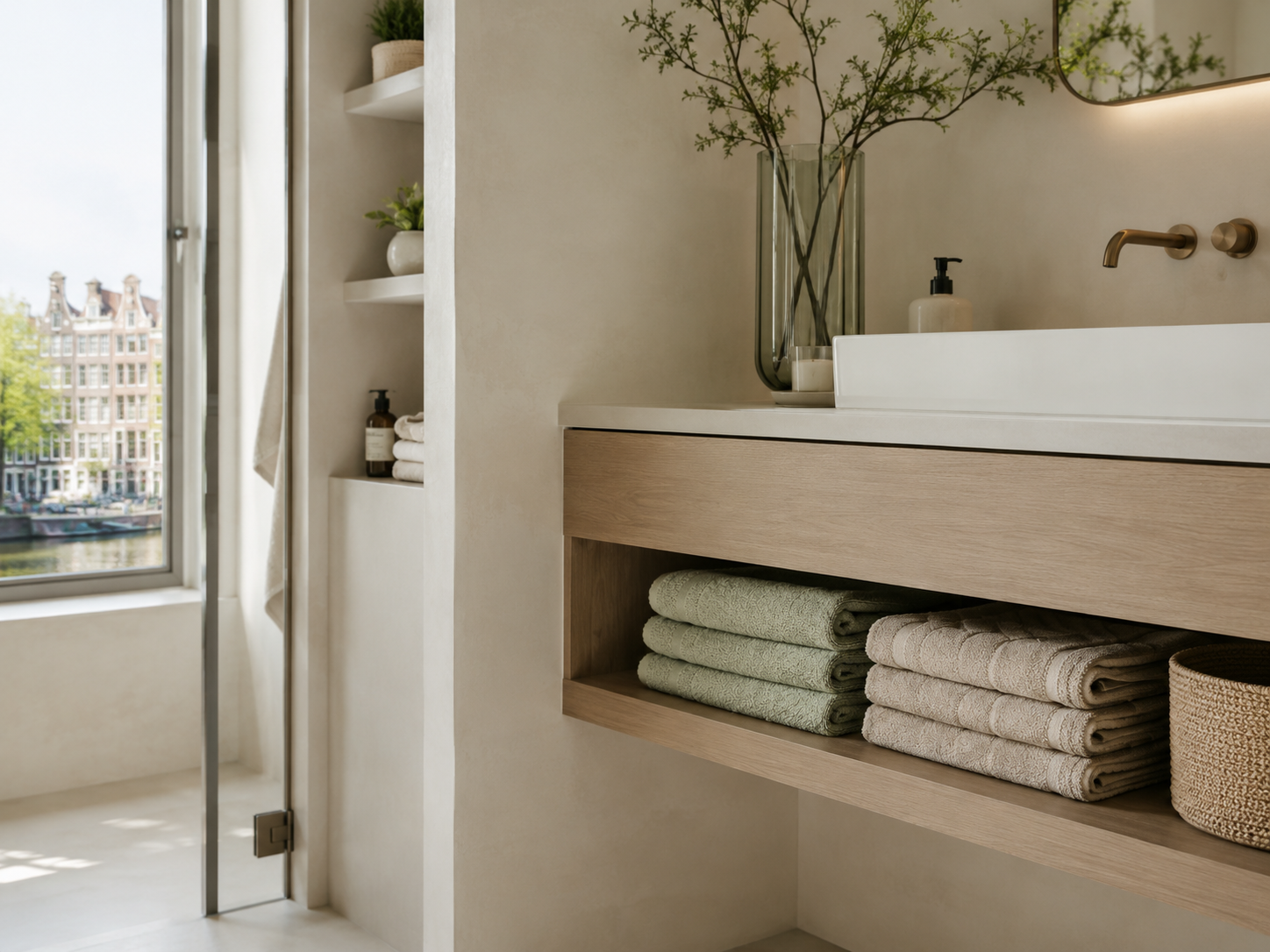 Folded towels and bathroom storage in a reset Amsterdam bathroom overlooking a canal